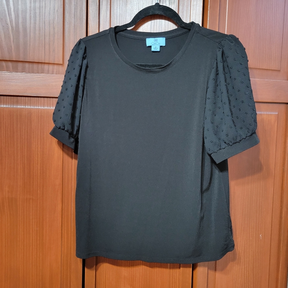CeCe Black Polkadot Sleeve Gothic Goth Black Short Sleeve Top | Medium